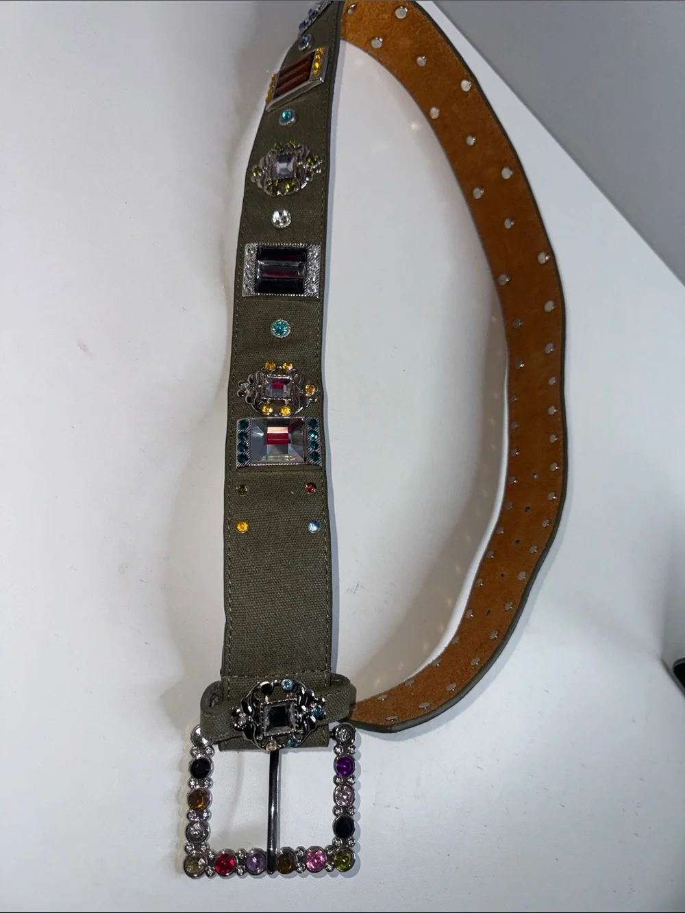 Vintage Olive Green Jeweled Statement Belt – Multicolor Rhinestone Buckle – Boho